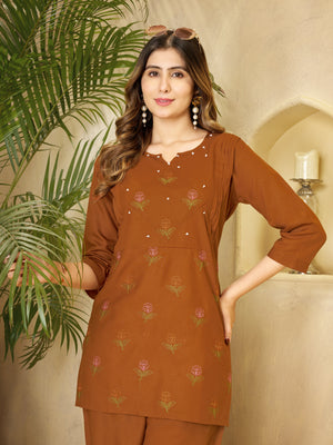 Hanch Heavy Rayon Embroidered Co-Ords Set – Coffee