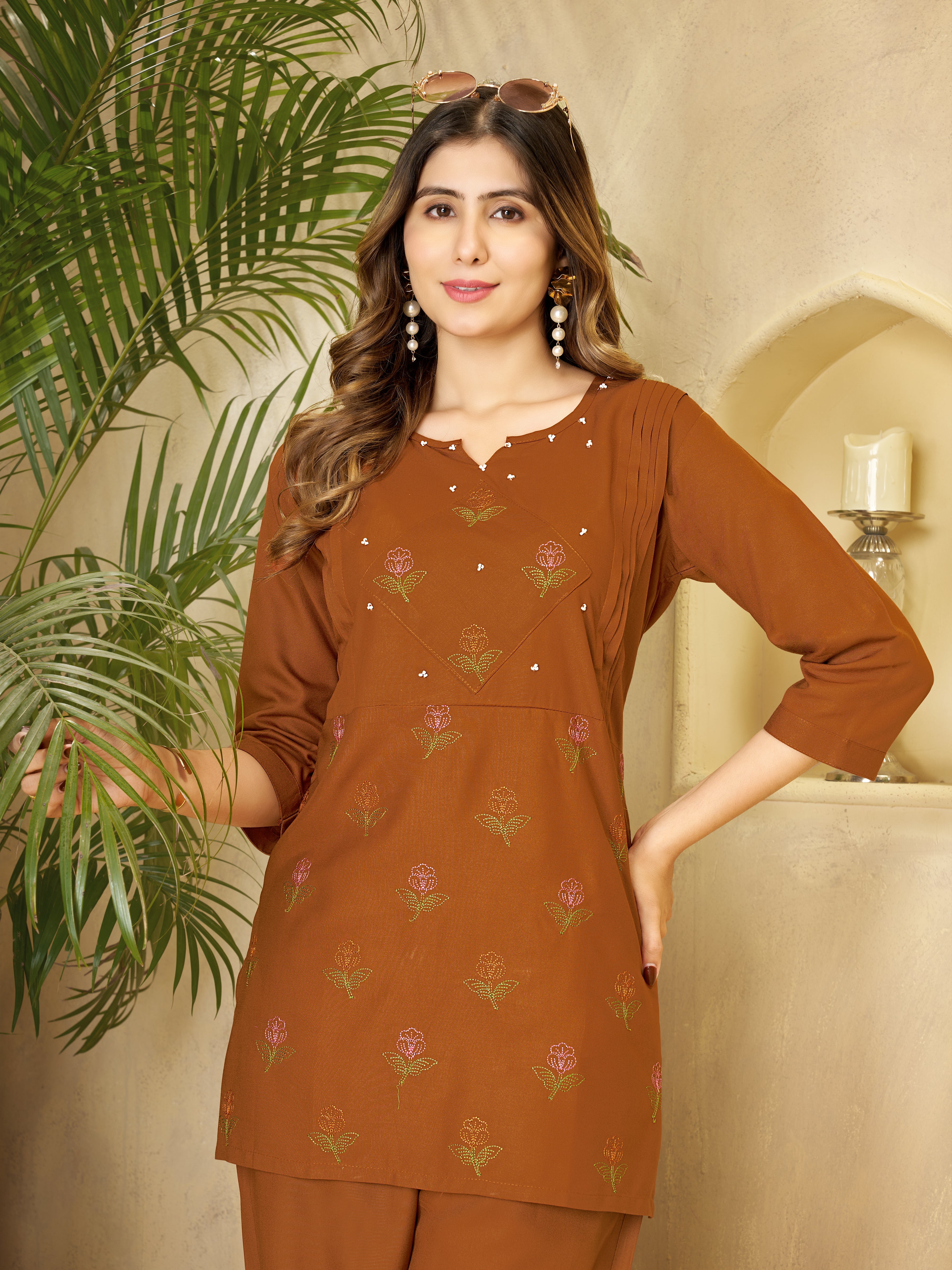 Hanch Heavy Rayon Embroidered Co-Ords Set – Coffee