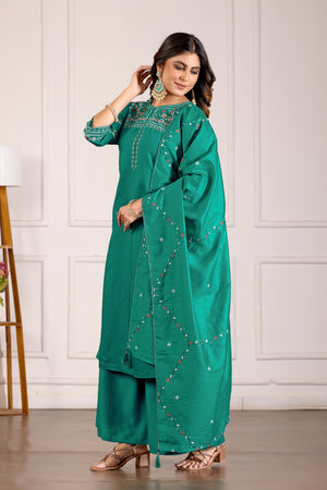 Hanch Viscose Mango Silk Embroidered Anarkali Kurti Set – Rama Green