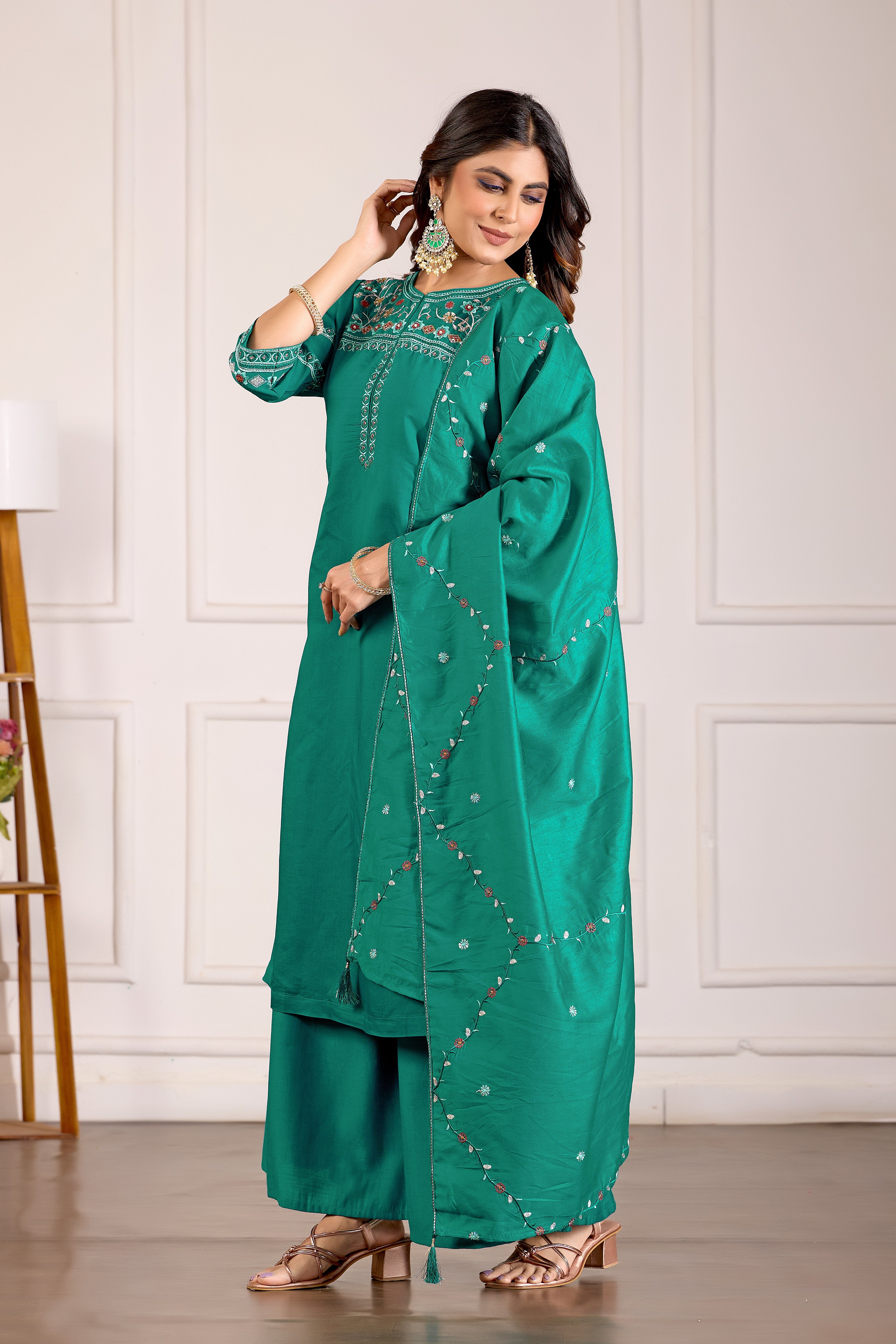 Hanch Viscose Mango Silk Embroidered Anarkali Kurti Set – Rama Green