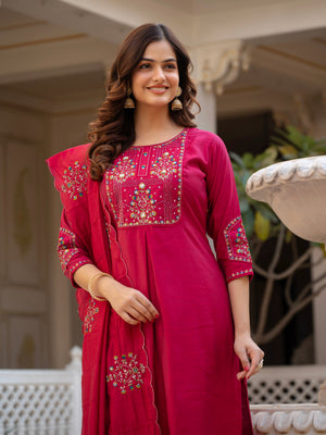 Hanch Pure Viscose Mango Silk Embroidered Straight Kurti Set – Pink