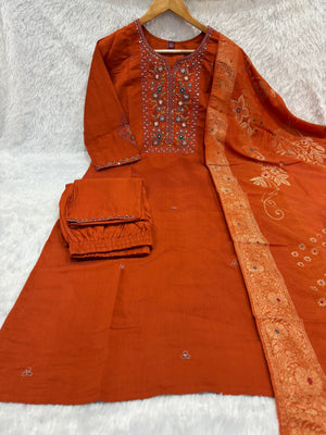 Hanch Pure Viscose Mango Silk Embroidered Straight Kurti Set – Rust