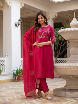 Hanch Pure Viscose Mango Silk Embroidered Straight Kurti Set – Pink