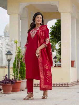 Hanch Premium Roman Silk Embroidered Straight Kurti Set – Maroon
