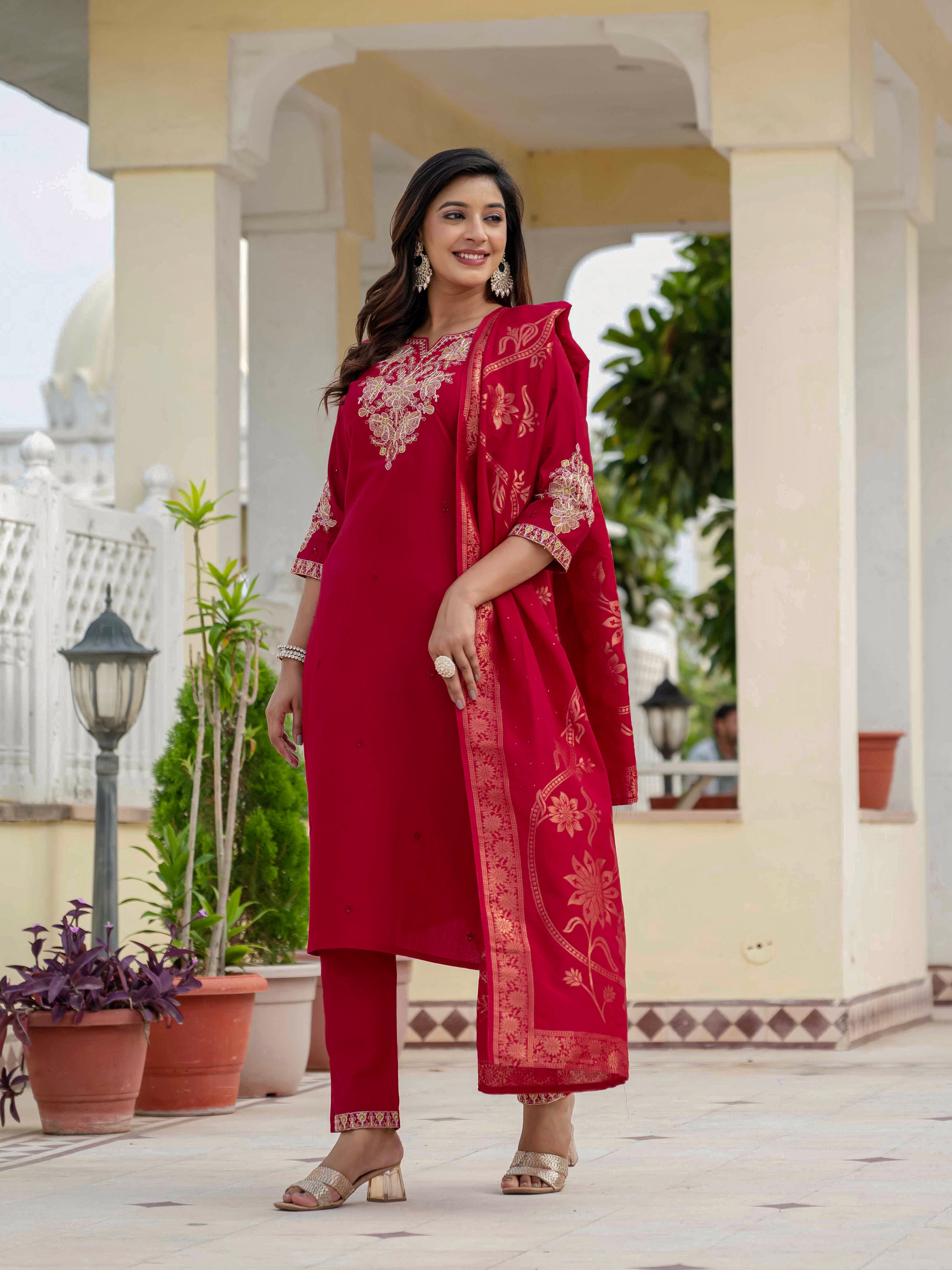 Hanch Premium Roman Silk Embroidered Straight Kurti Set – Maroon