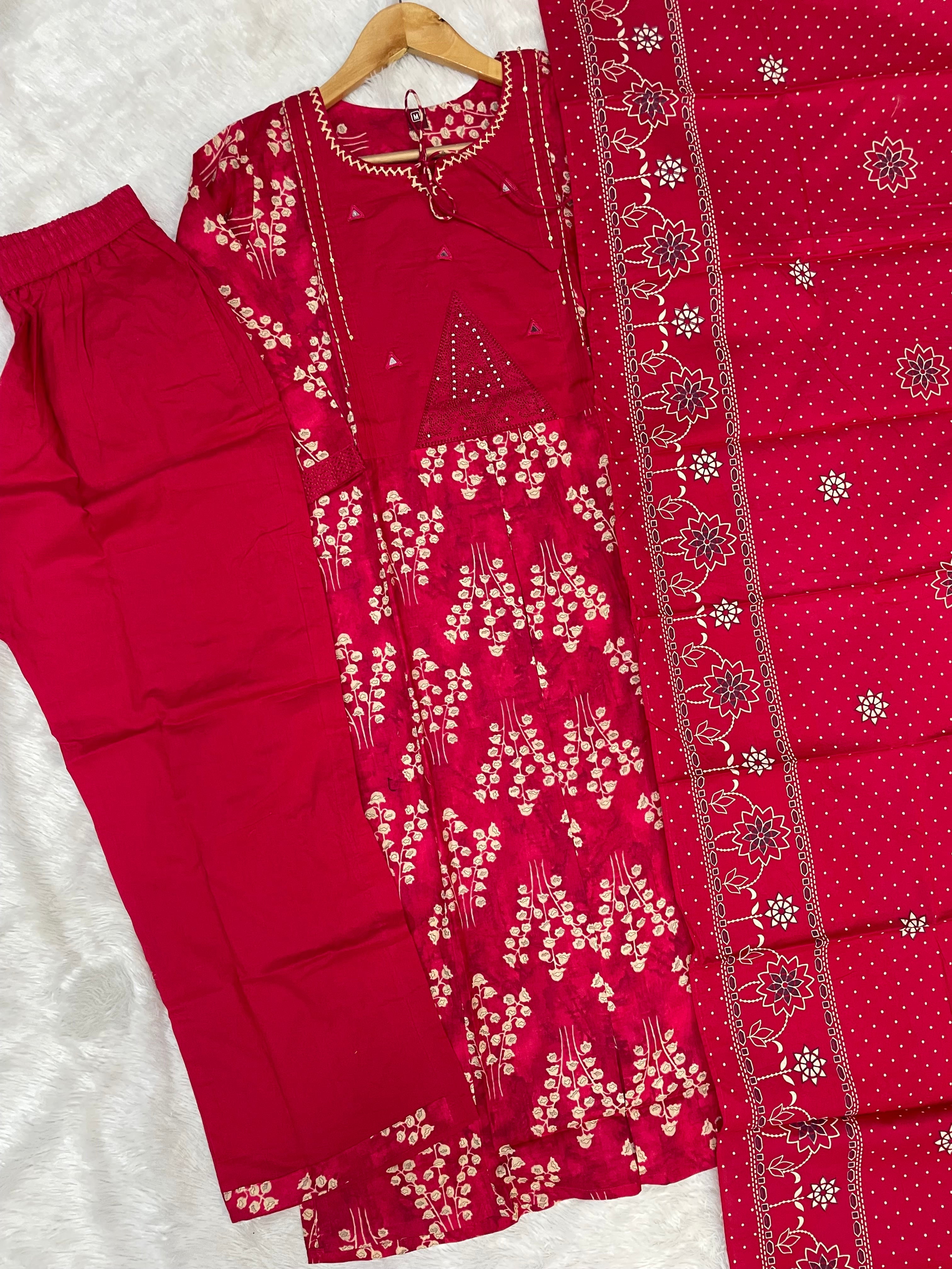 Hanch Pure Cotton Embroidered Straight Kurti Set – Red