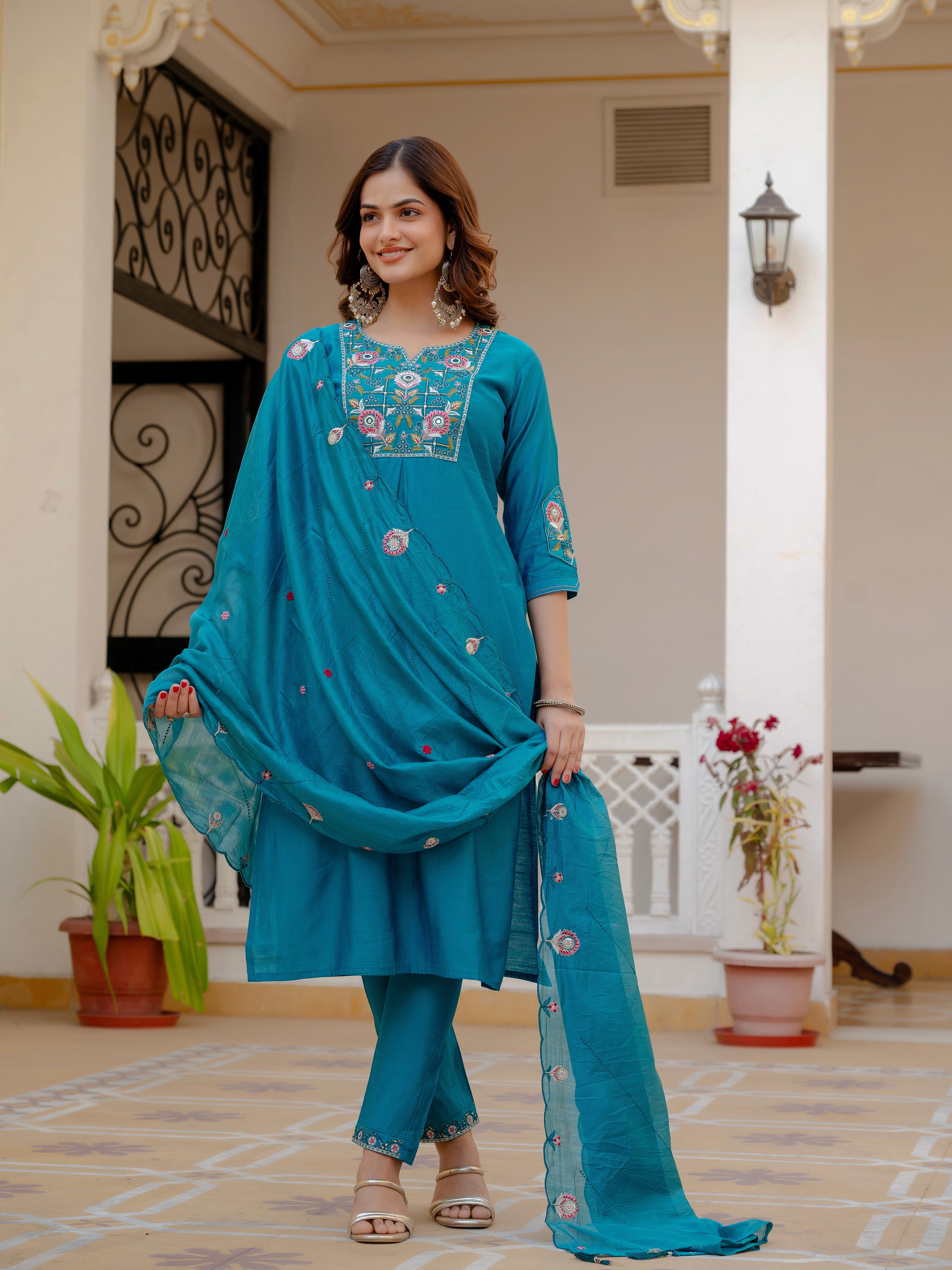 Hanch Pure Viscose Mango Silk Embroidered Straight Kurti Set – Firozi