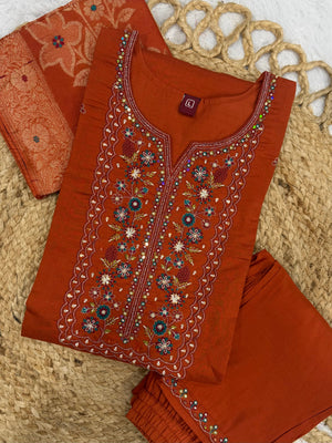 Hanch Pure Viscose Mango Silk Embroidered Straight Kurti Set – Rust