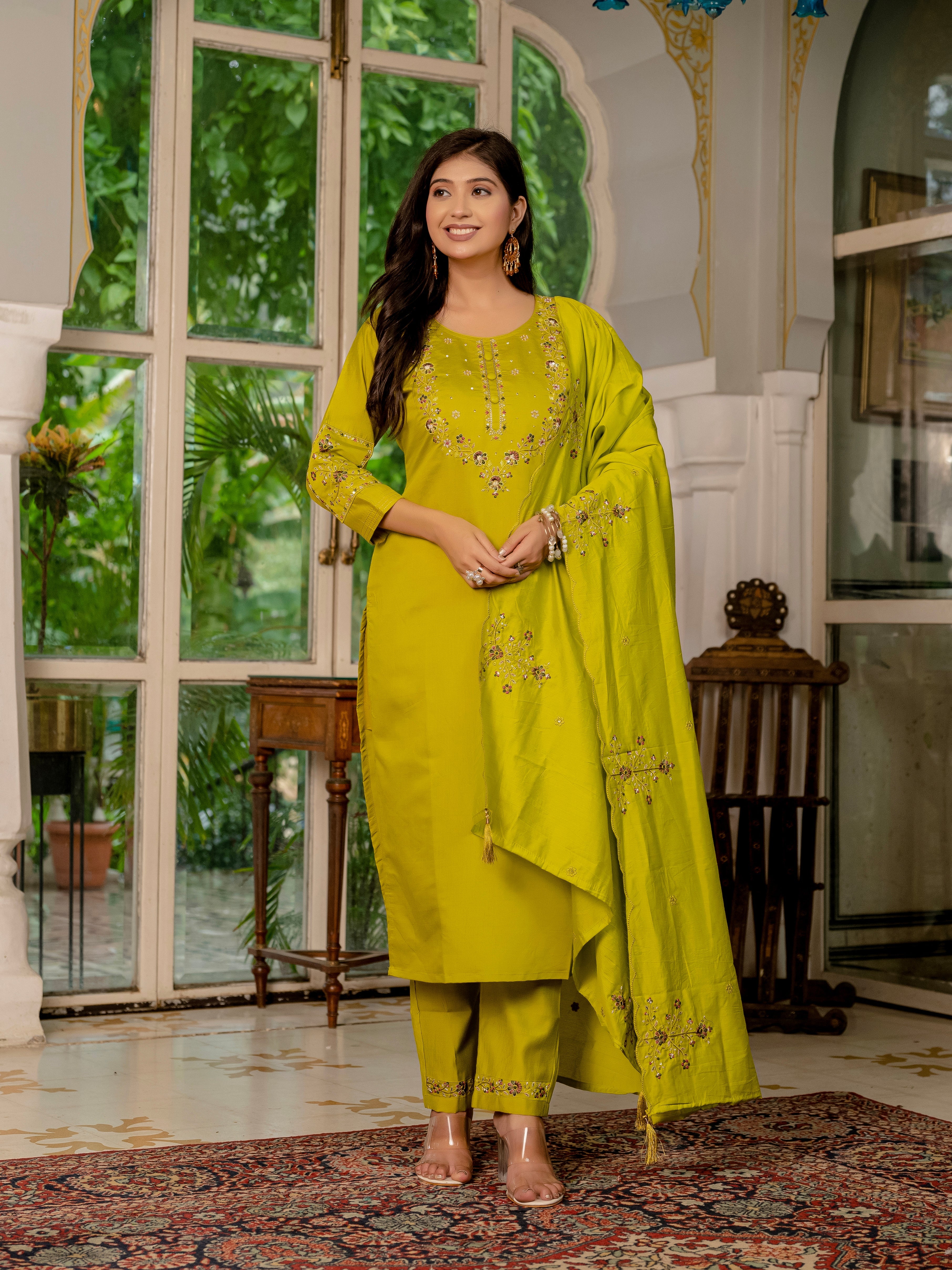 Hanch Marina Silk Embroidered Straight Kurti Set – Mustard Yellow