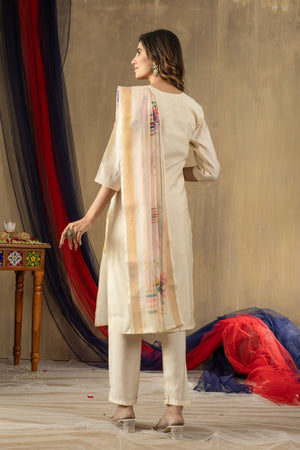 Hanch Shimmer Gold Silk Embroidered Straight Kurti Set – Off White