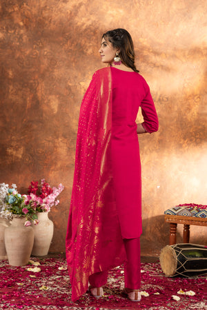 Hanch Marina Silk Embroidered Straight Kurti Set – Pink