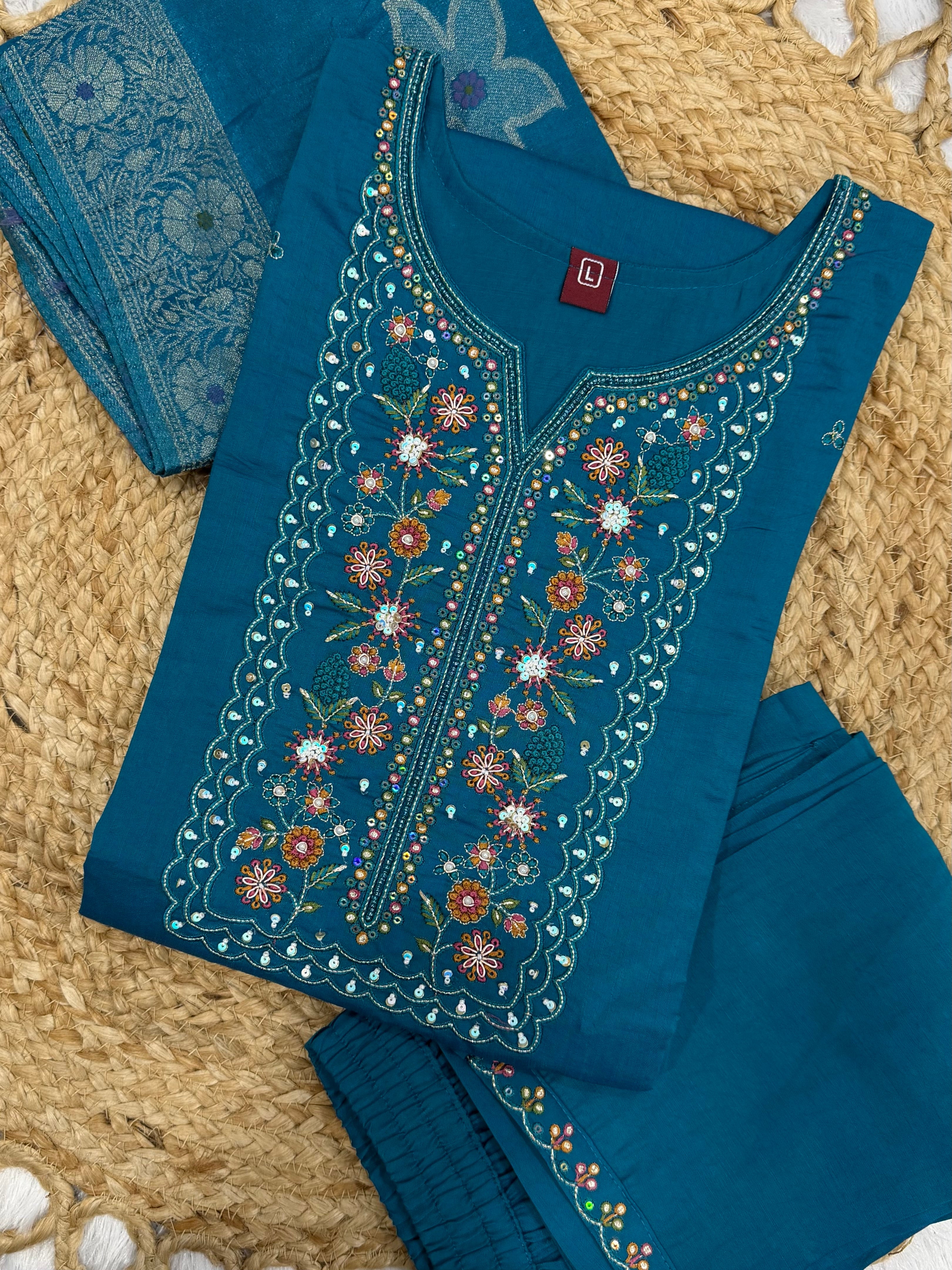 Hanch Pure Viscose Mango Silk Embroidered Straight Kurti Set – Firozi
