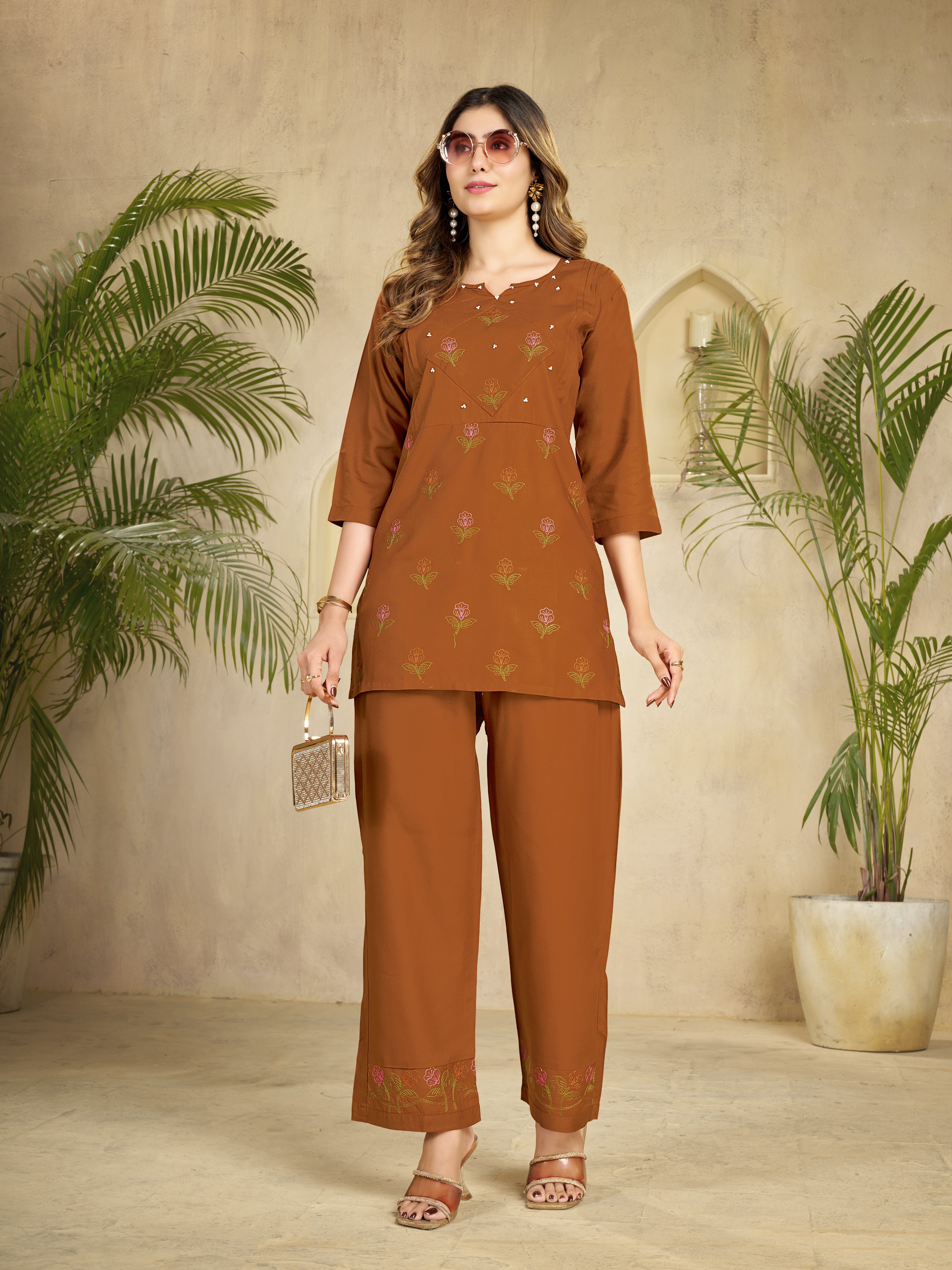 Hanch Heavy Rayon Embroidered Co-Ords Set – Coffee