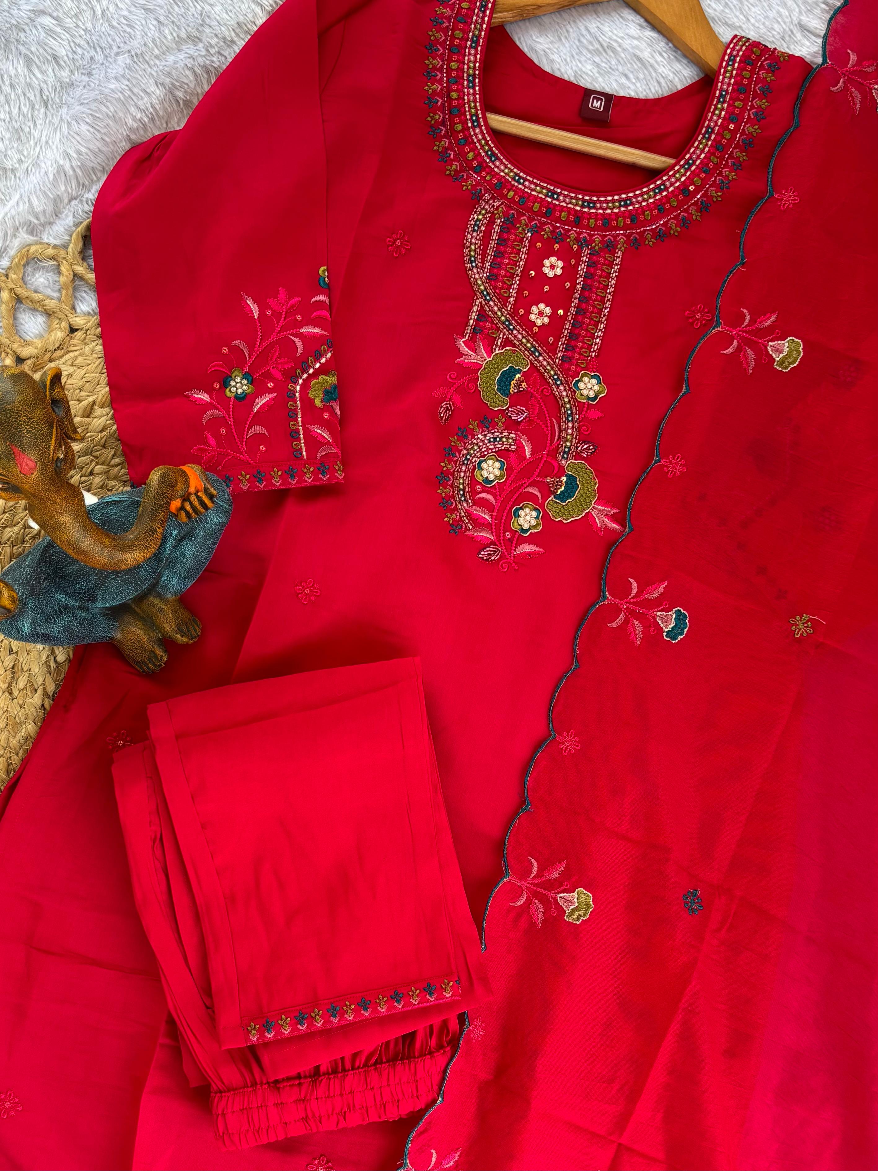 Hanch Roman Silk Embroidered Straight Kurti Set – Red