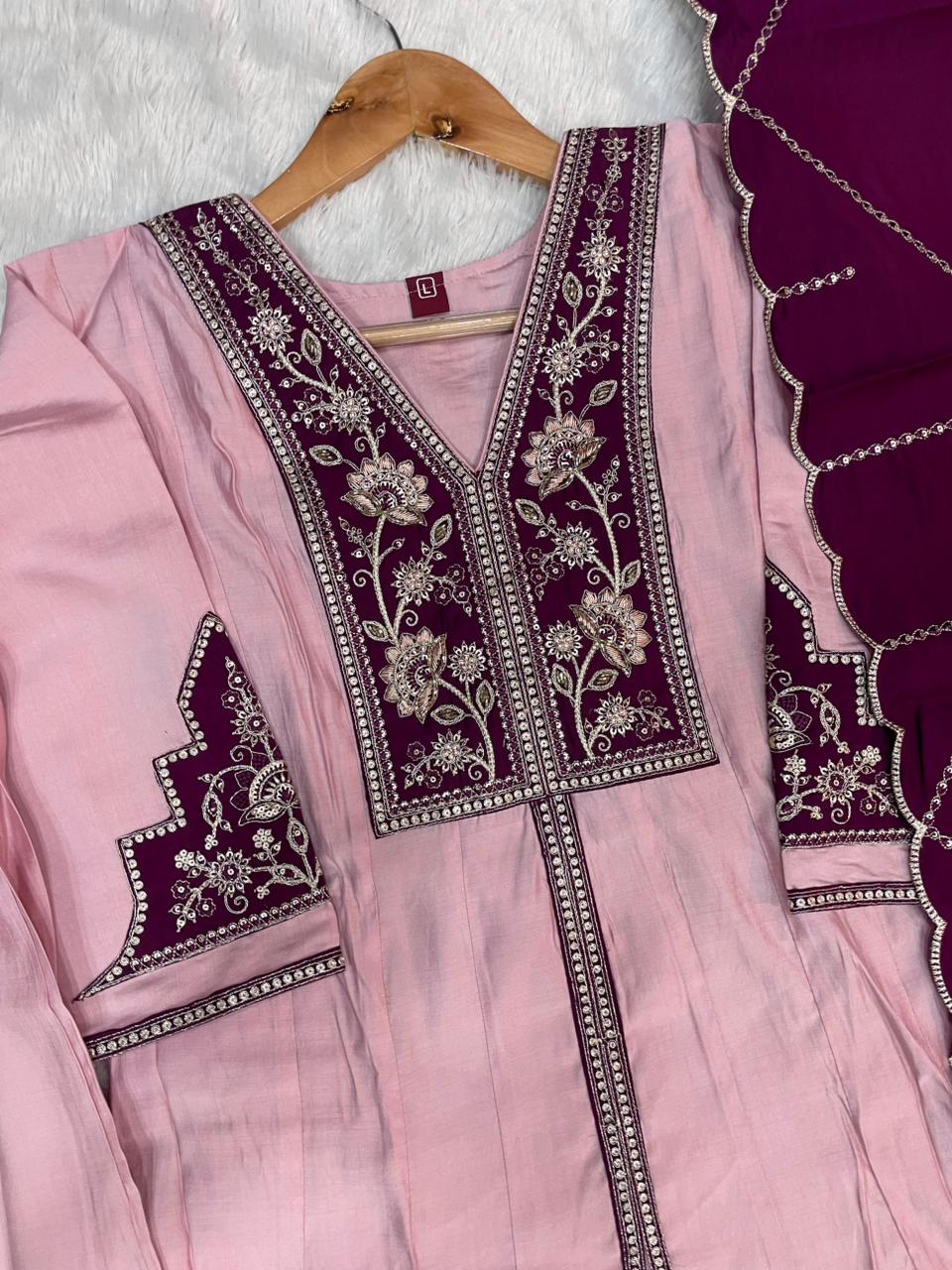 Hanch Roman Silk Embroidered Anarkali Kurti Set – Baby Pink