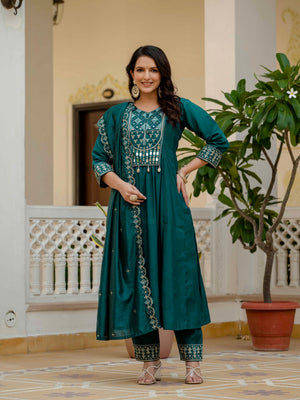 Hanch Viscose Roman Silk Embroidered Anarkali Kurti Set – Teal