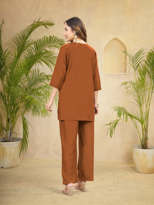 Hanch Heavy Rayon Embroidered Co-Ords Set – Coffee