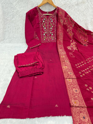 Hanch Pure Viscose Mango Silk Embroidered Straight Kurti Set – Rani