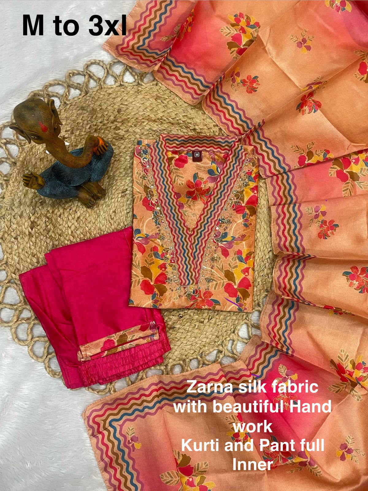 Hanch Zarna Silk Embroidered Straight Kurti Set – Peach Pink