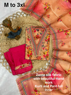 Hanch Zarna Silk Embroidered Straight Kurti Set – Peach Pink