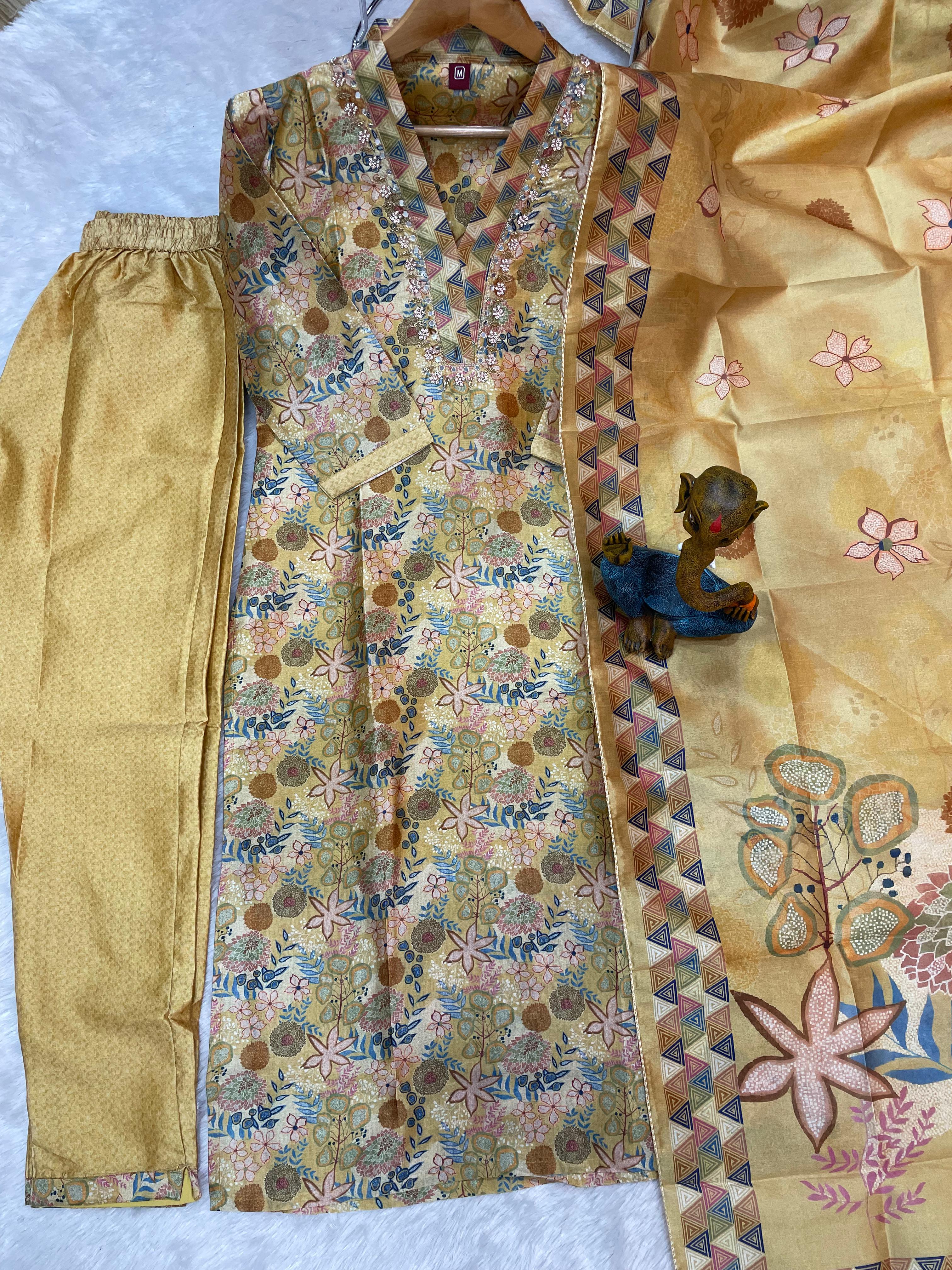 Hanch Zarna Silk Embroidered Straight Kurti Set – Mustard