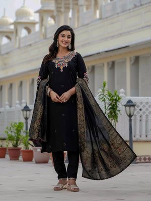 Hanch Premium Roman Silk Embroidered Straight Kurti Set – Black