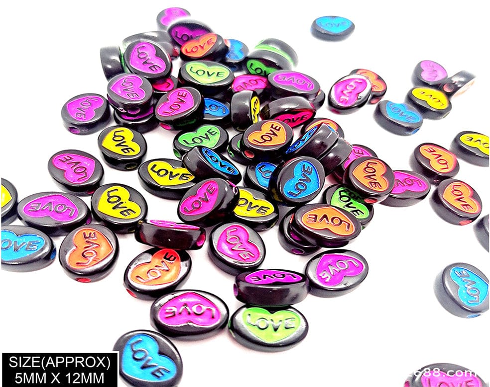 Oval With Love Text Beads (Blk+Col Highlight Blk)