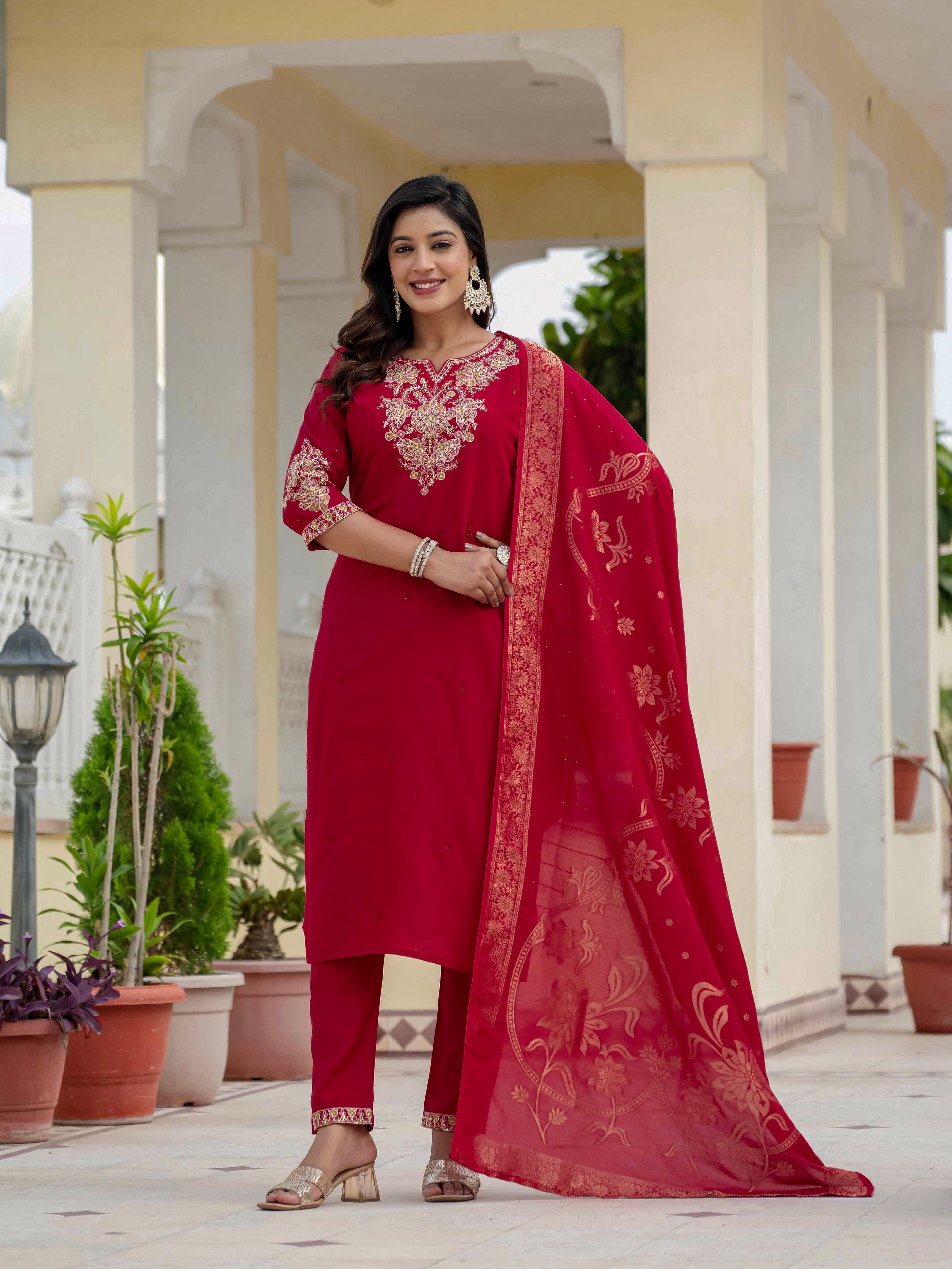 Hanch Premium Roman Silk Embroidered Straight Kurti Set – Maroon