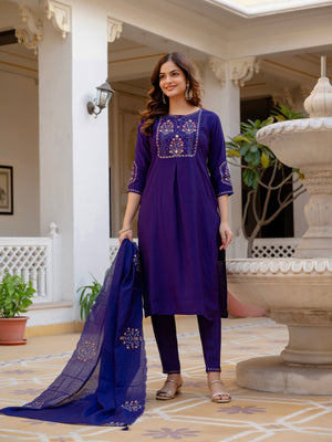 Hanch Pure Viscose Mango Silk Embroidered Straight Kurti Set – Violet