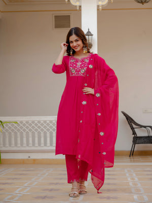 Hanch Pure Viscose Mango Silk Embroidered Straight Kurti Set – Pink