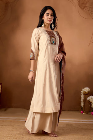 Hanch Roman Silk Embroidered Anarkali Kurti Set – Cream