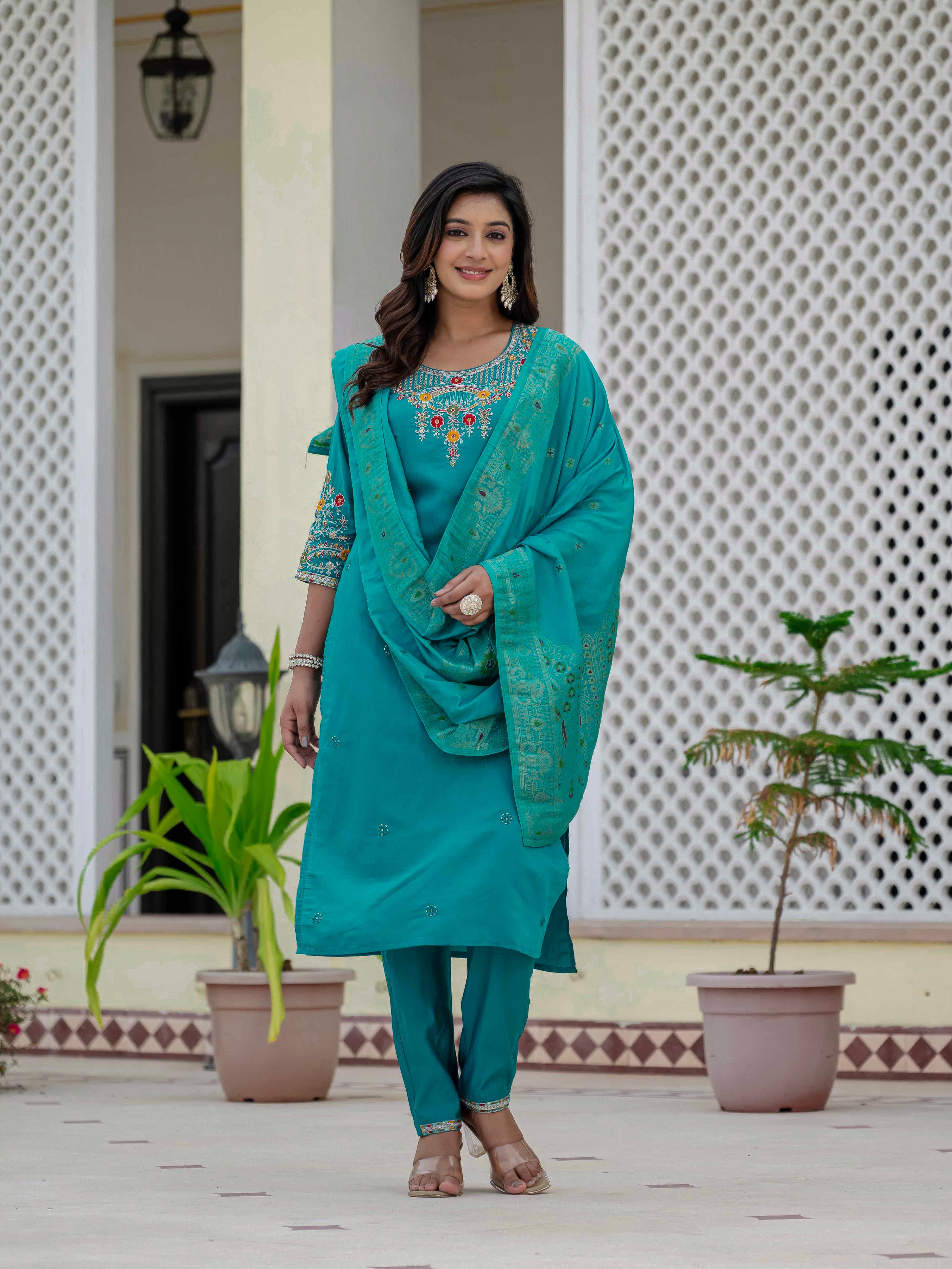 Hanch Premium Roman Silk Embroidered Straight Kurti Set – Firozi