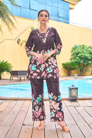 Hanch Pure Cotton Printed Co-Ords Set – Brown