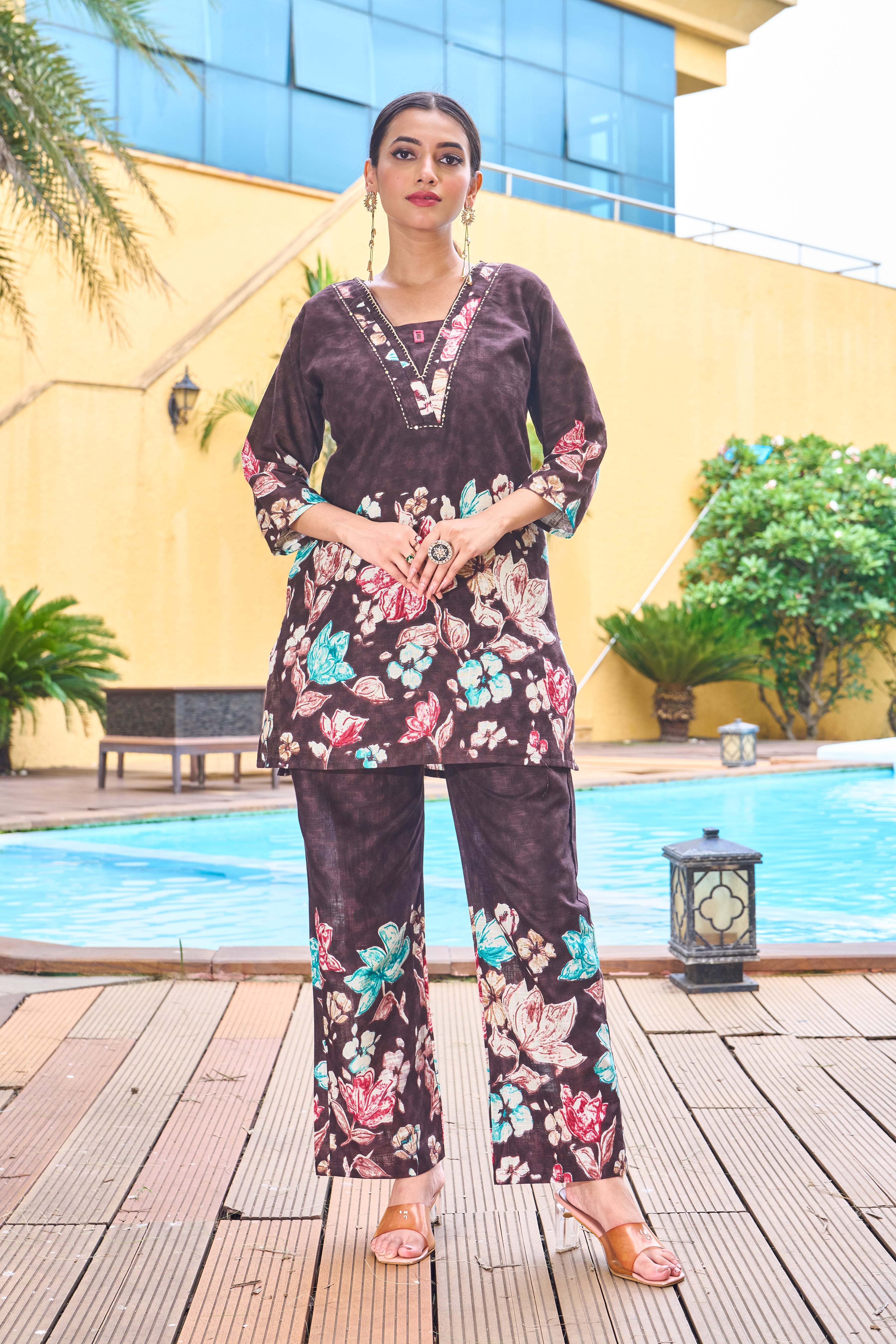 Hanch Pure Cotton Printed Co-Ords Set – Brown