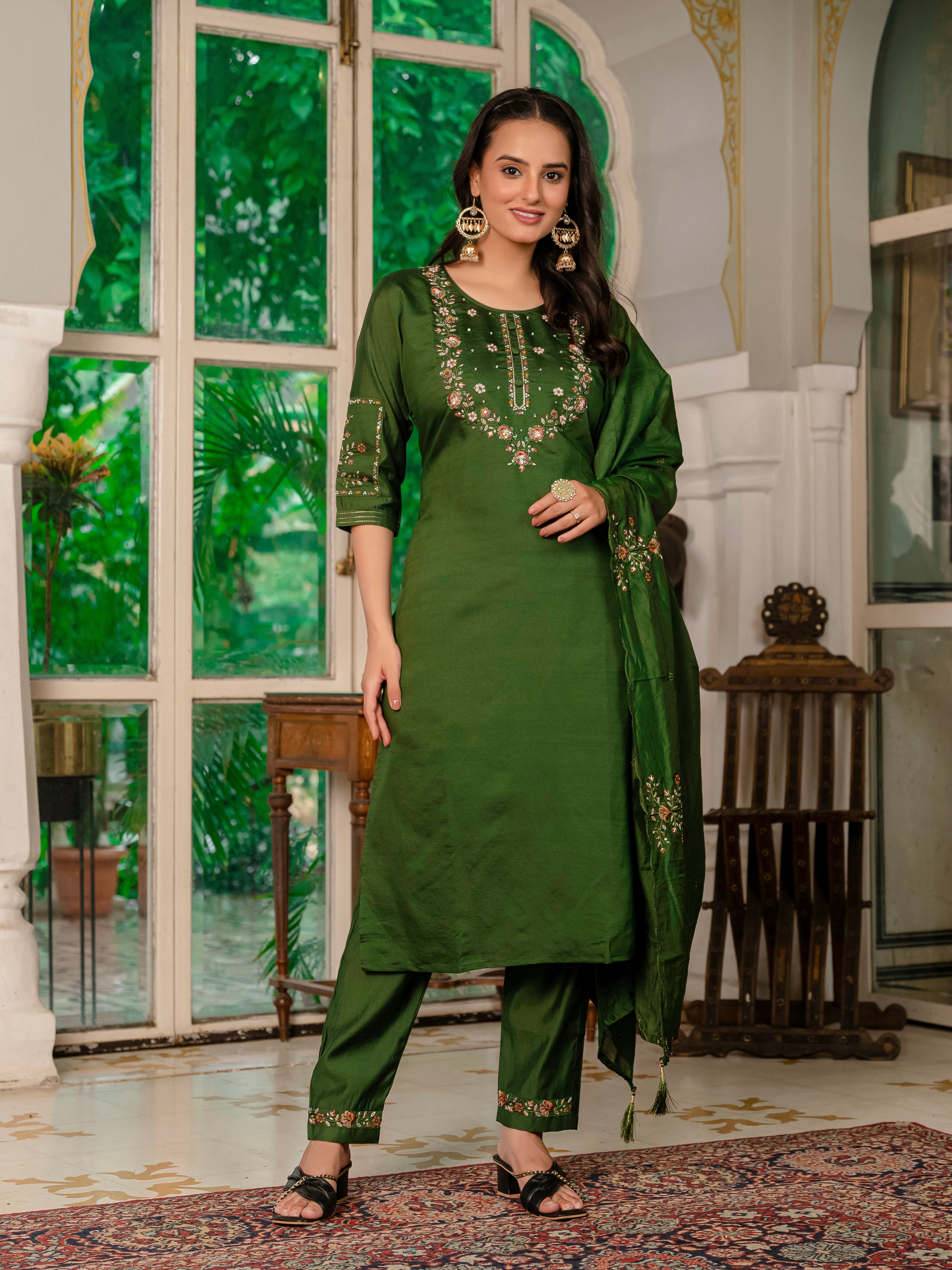 Hanch Marina Silk Embroidered Straight Kurti Set – Mehndi Green
