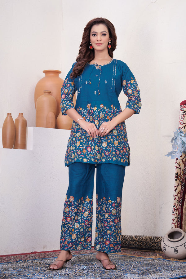 Hanch Pure Cotton Printed Co-Ords Set – Blue