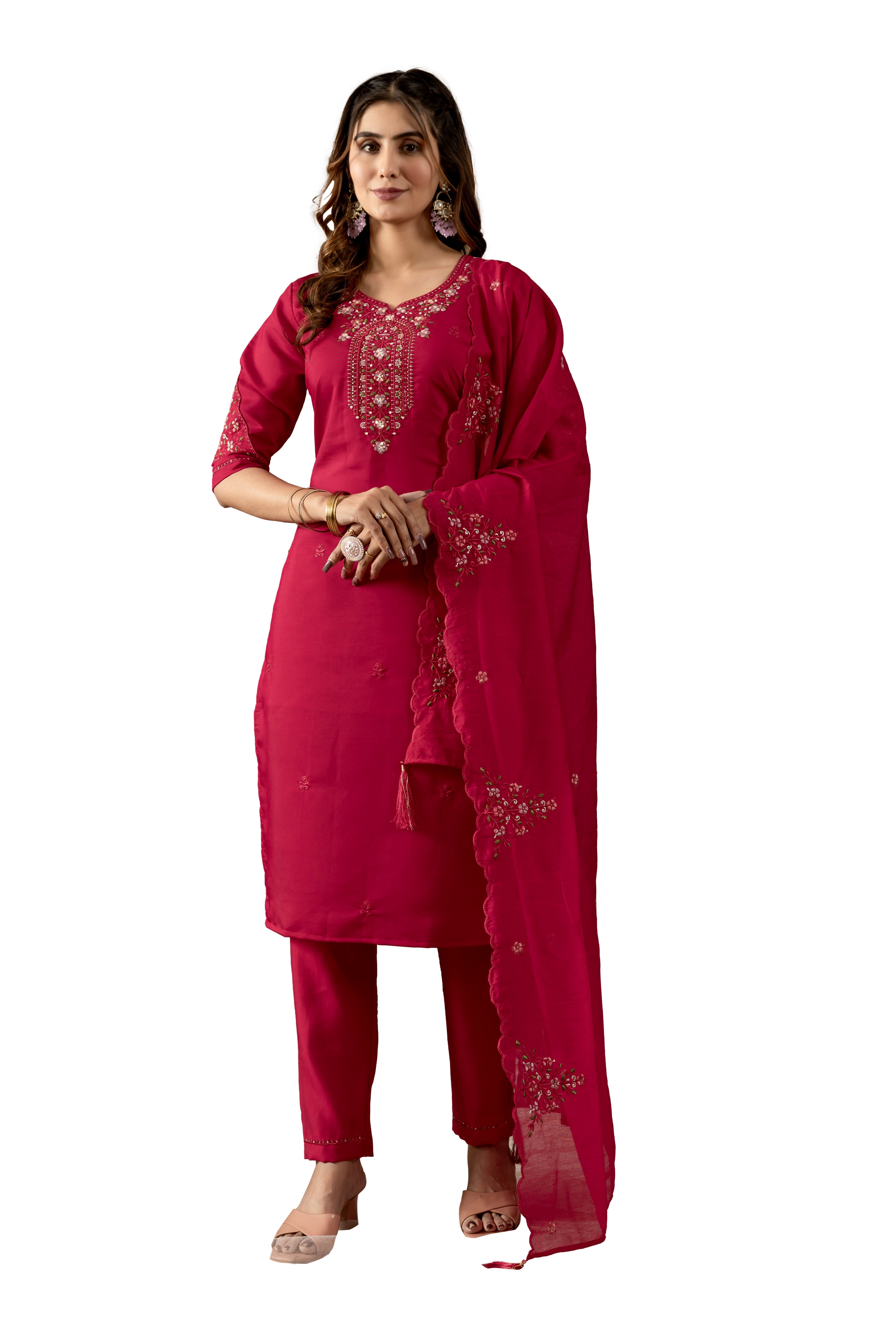 Hanch Roman Silk Embroidered Straight Kurti Set – Rani Pink