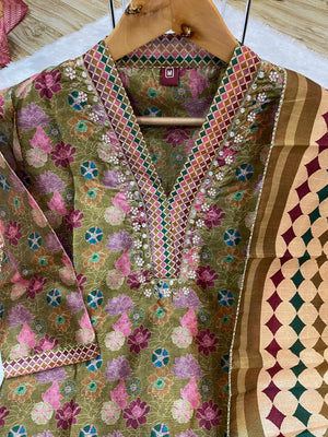 Hanch Zarna Silk Embroidered Straight Kurti Set – Olive Green