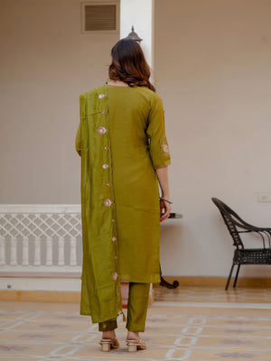 Hanch Pure Viscose Mango Silk Embroidered Straight Kurti Set – Mahendi Green