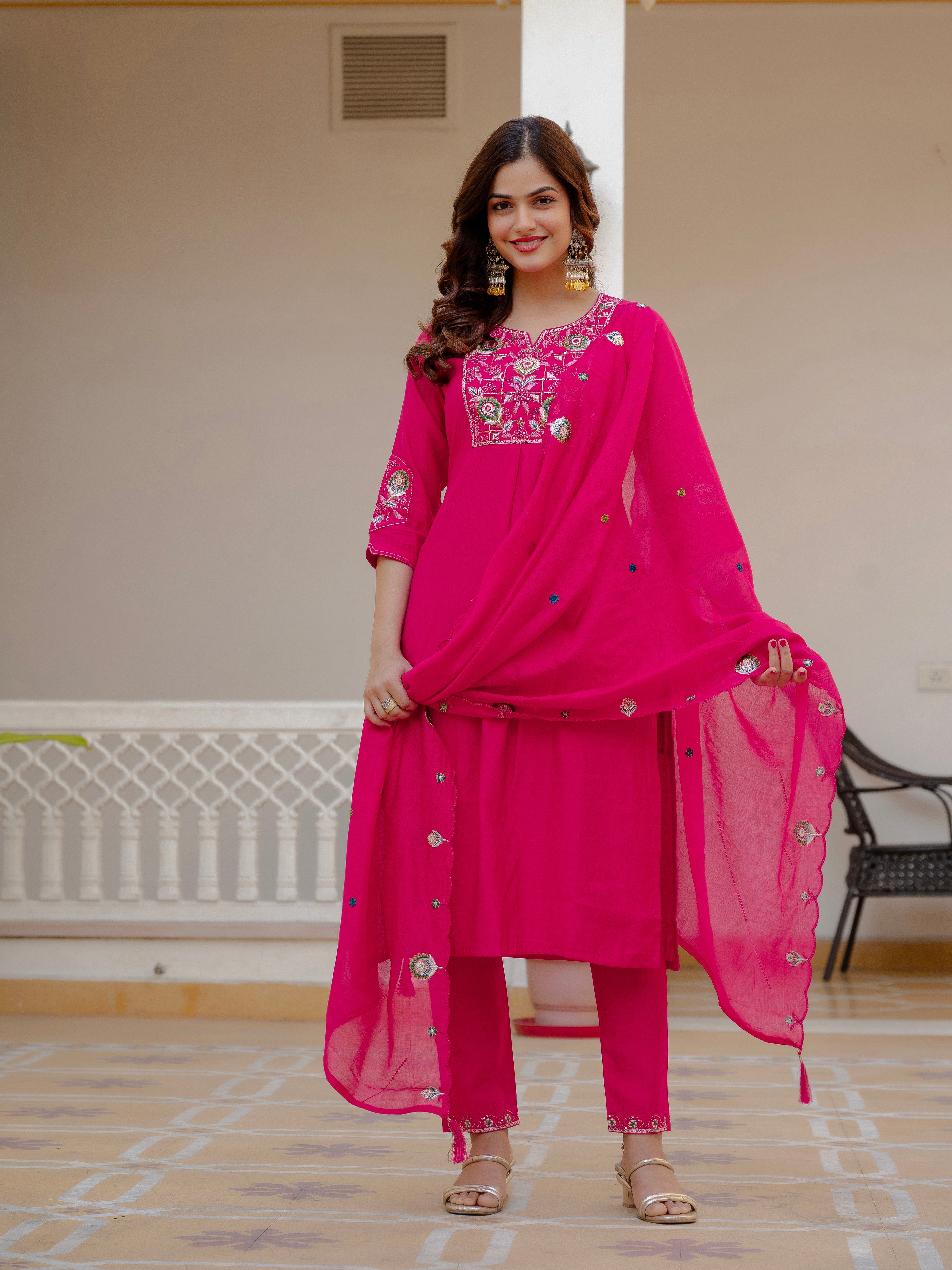 Hanch Pure Viscose Mango Silk Embroidered Straight Kurti Set – Pink