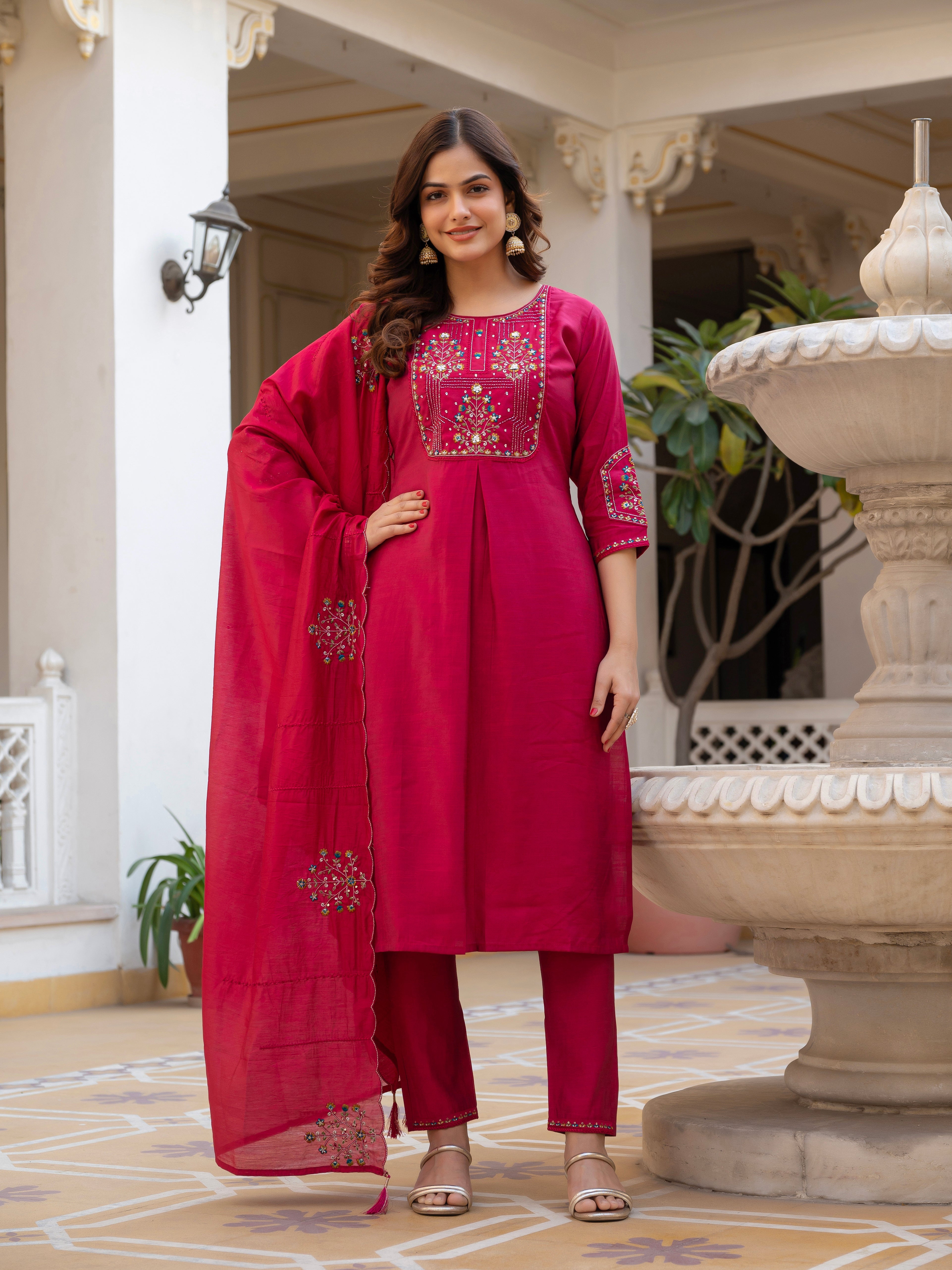 Hanch Pure Viscose Mango Silk Embroidered Straight Kurti Set – Pink