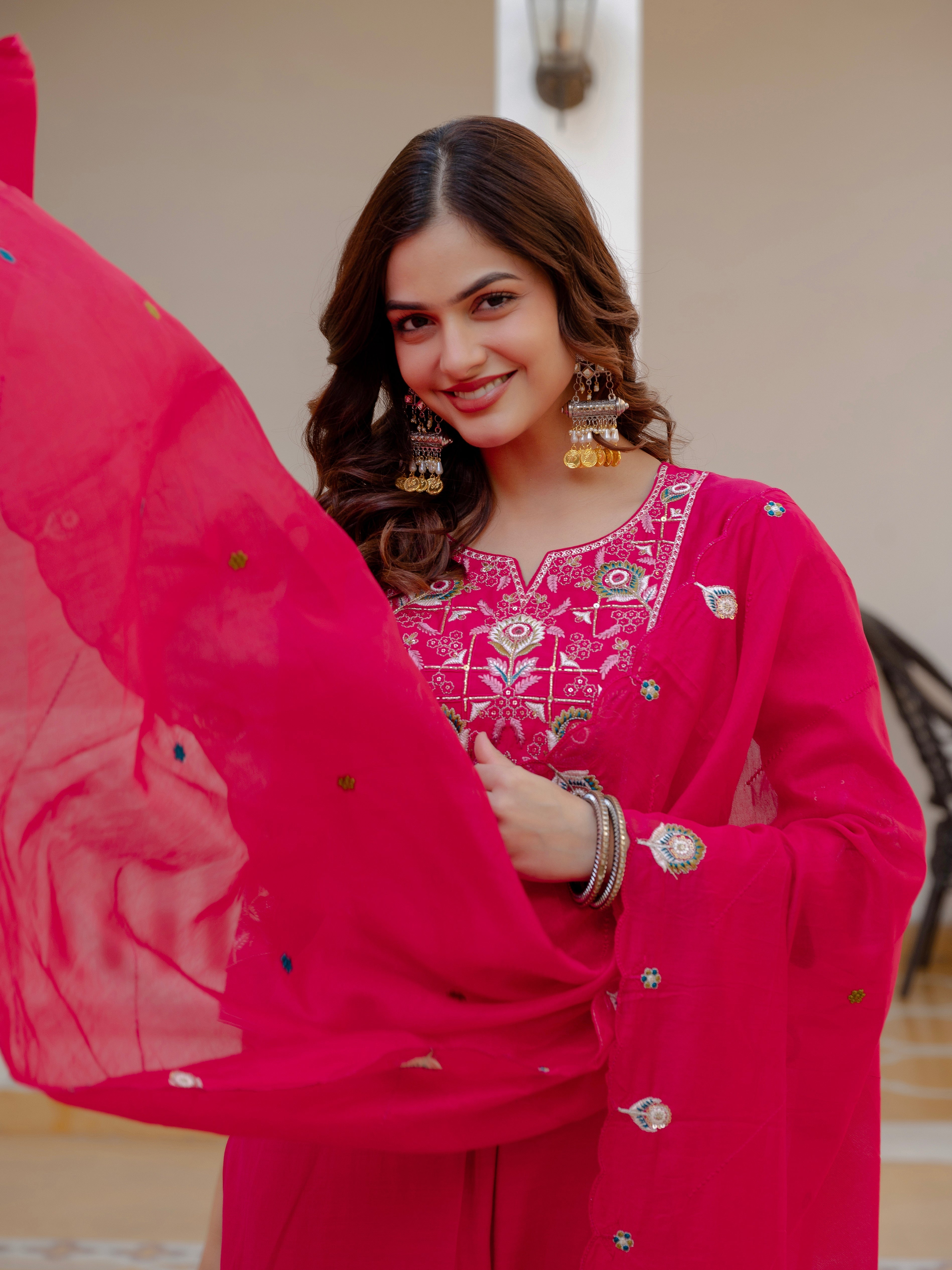 Hanch Pure Viscose Mango Silk Embroidered Straight Kurti Set – Pink