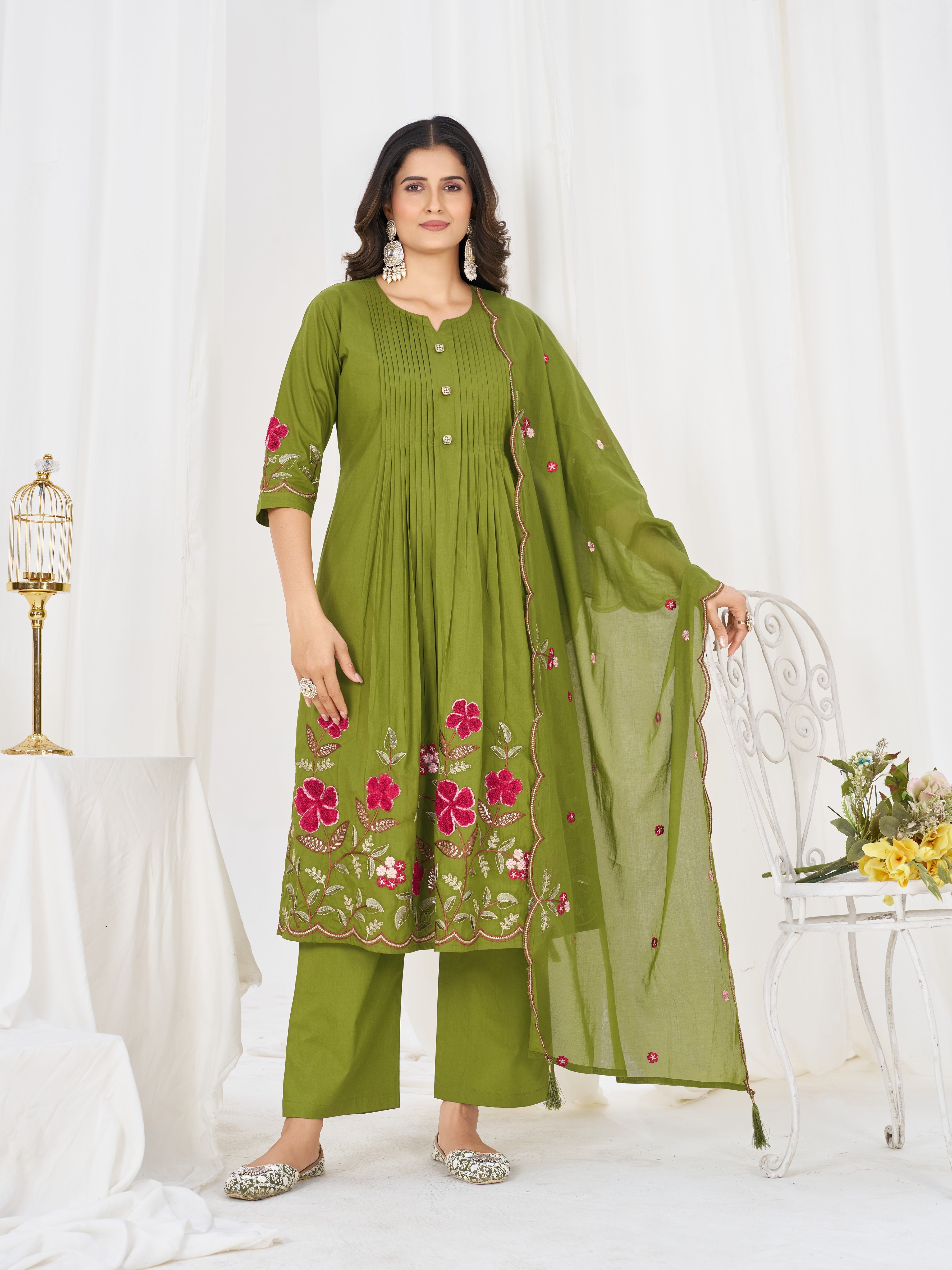 Hanch Pure Cotton Embroidered Anarkali Kurti Set – Green