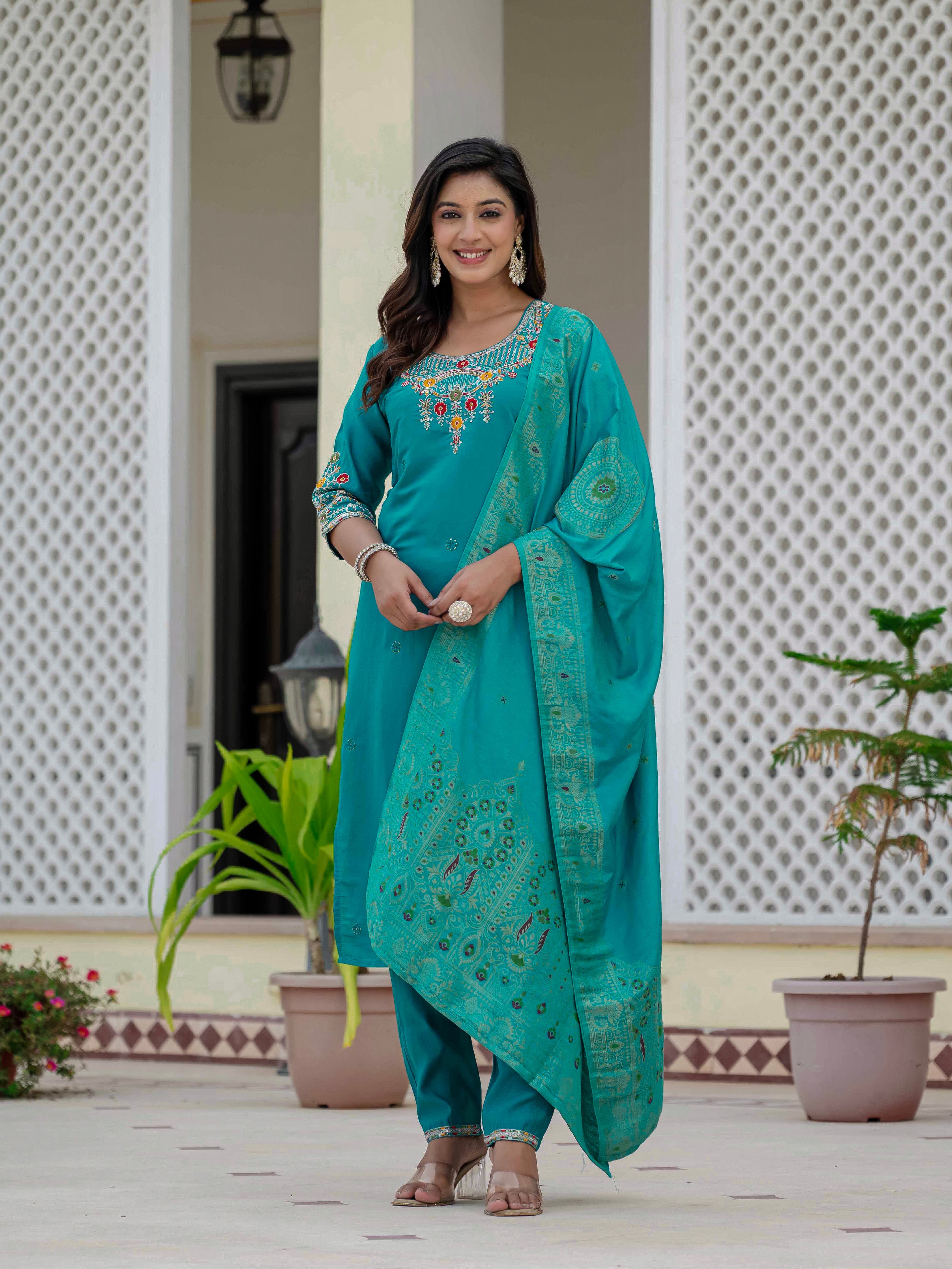 Hanch Premium Roman Silk Embroidered Straight Kurti Set – Firozi