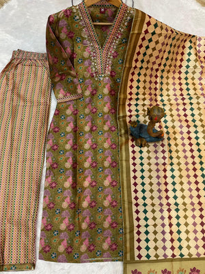 Hanch Zarna Silk Embroidered Straight Kurti Set – Olive Green