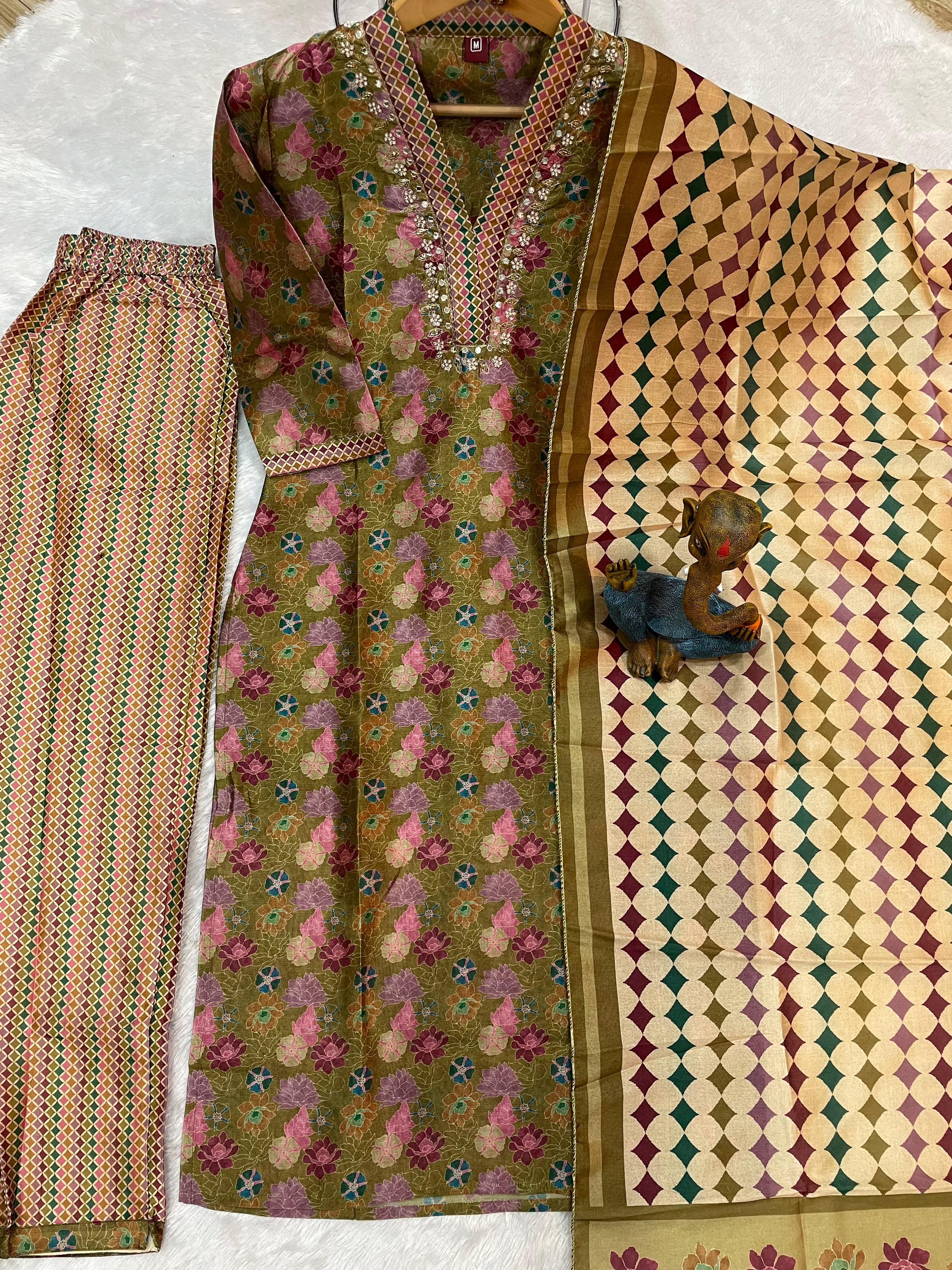 Hanch Zarna Silk Embroidered Straight Kurti Set – Olive Green