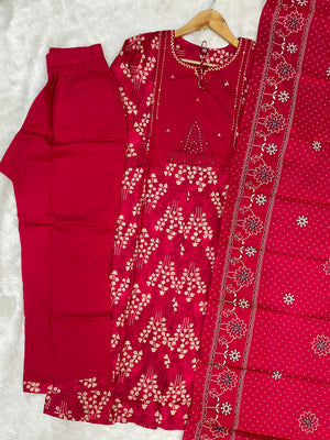 Hanch Pure Cotton Embroidered Straight Kurti Set – Red