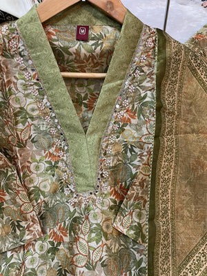 Hanch Zarna Silk Embroidered Straight Kurti Set – Sage Green