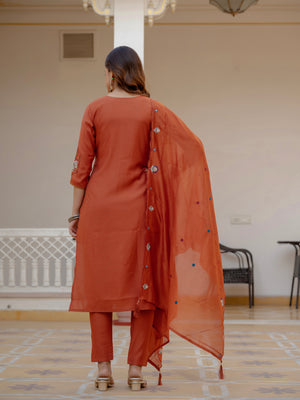 Hanch Pure Viscose Mango Silk Embroidered Straight Kurti Set – Rust