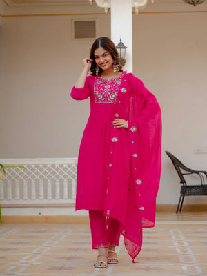 Hanch Pure Viscose Mango Silk Embroidered Straight Kurti Set – Pink